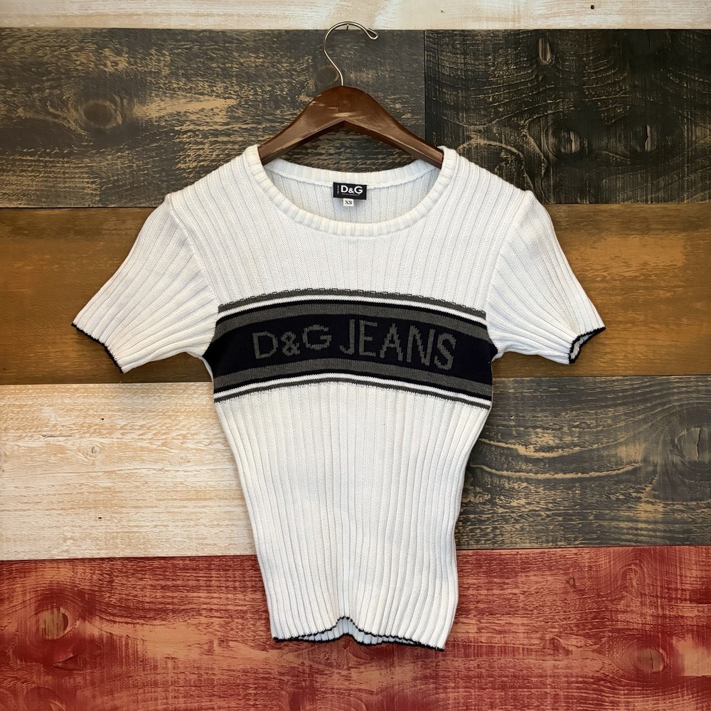 Vintage Dolce & Gabbana D&G Jeans Babydoll Crop Top White Knit Y2K XS